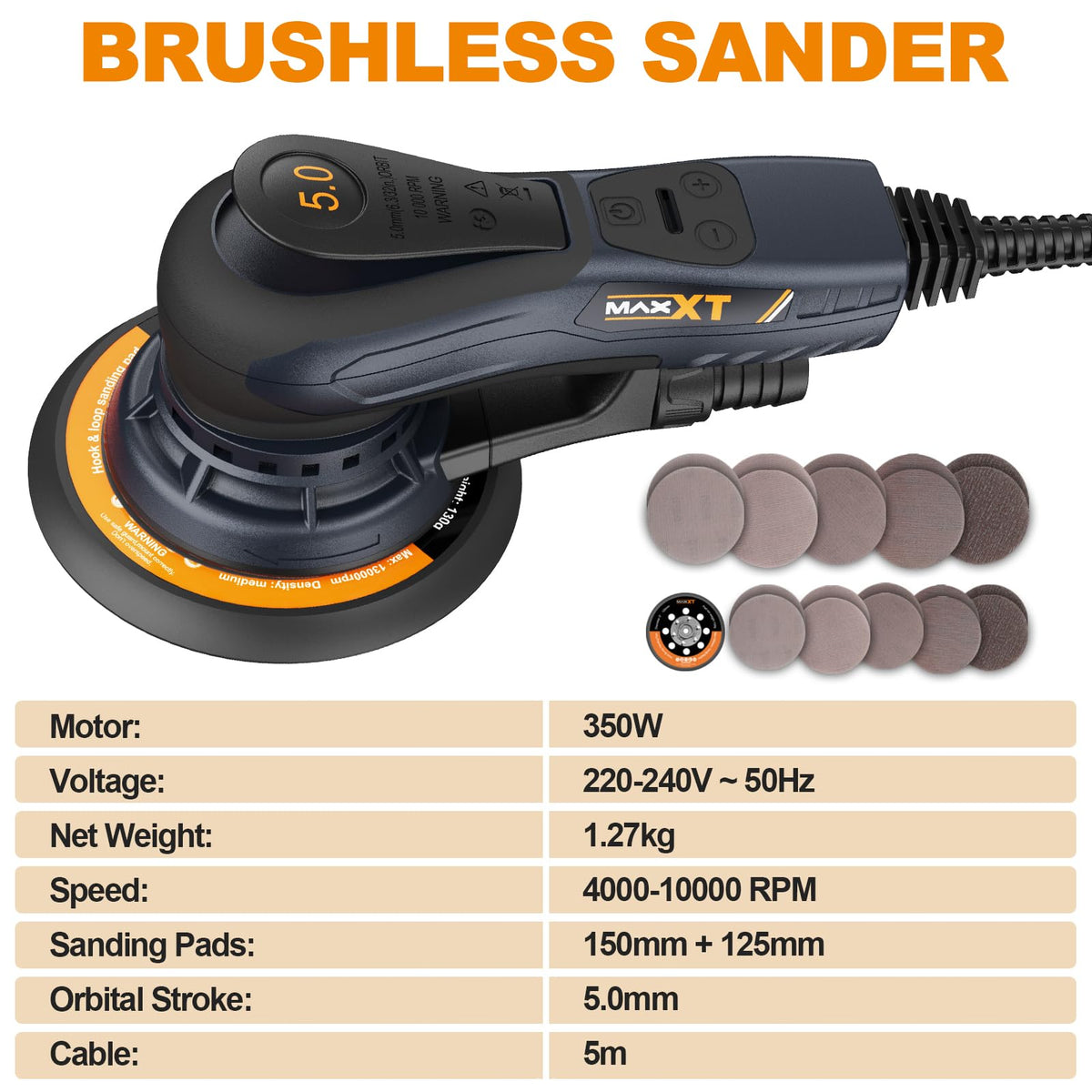 MAXXT 350W Sanders Brushless Electric Orbital Sander 150mm Disc Black DEMO