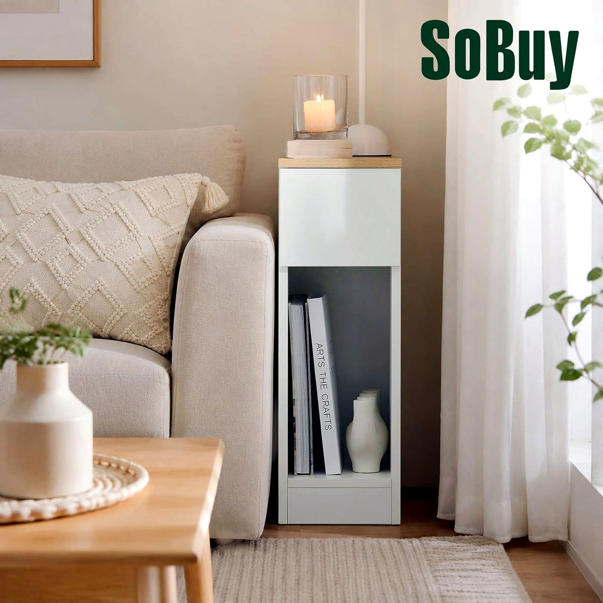 SoBuy White & Natural Wood Bedside Table with Drawer 60x20x33cm NEW