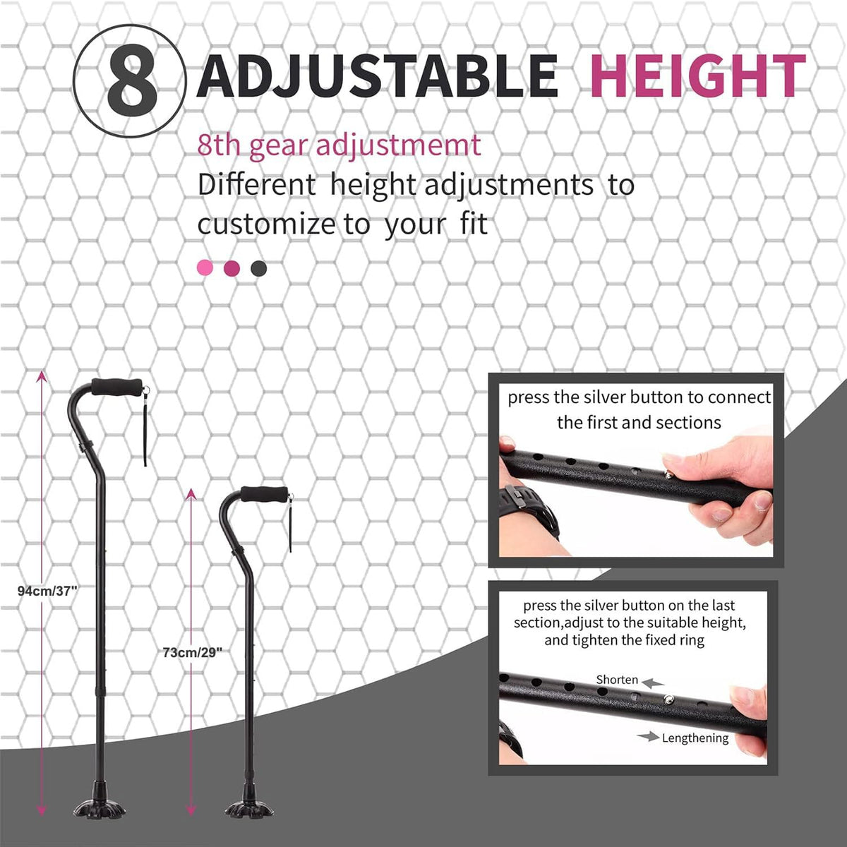 Foldable Quad Walking Cane Adjustable Black Stability Support Aid NEW