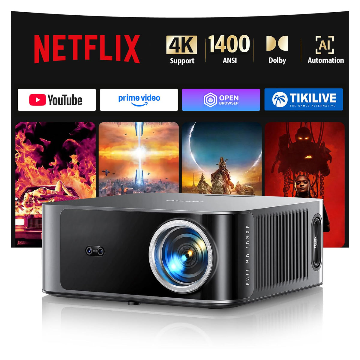 TOPTRO 1400 Projectors Smart Projector with Dolby Audio - Grey