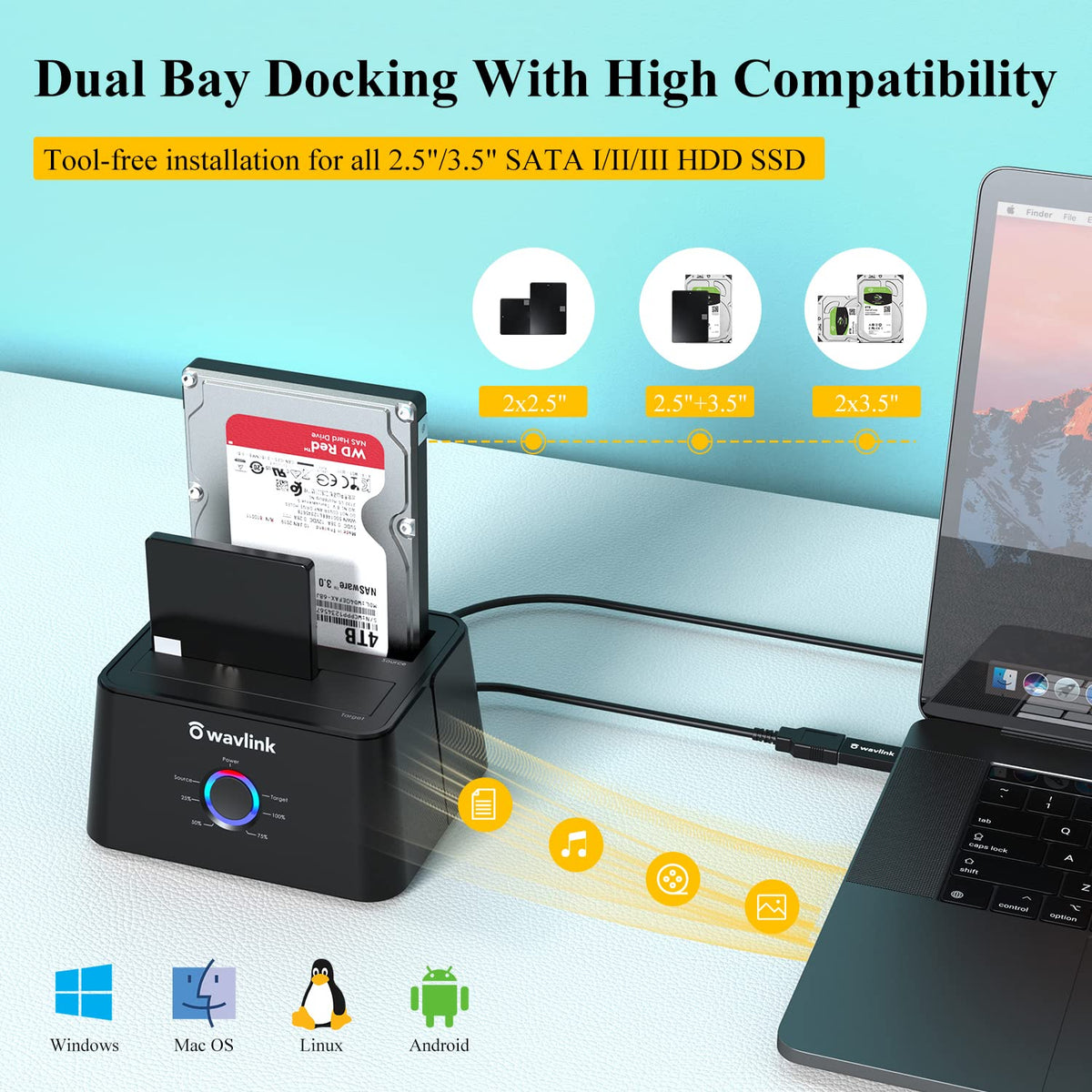 WAVLINK Dual Bay External Hard Drive Docking Station USB 3.0 Black NEW