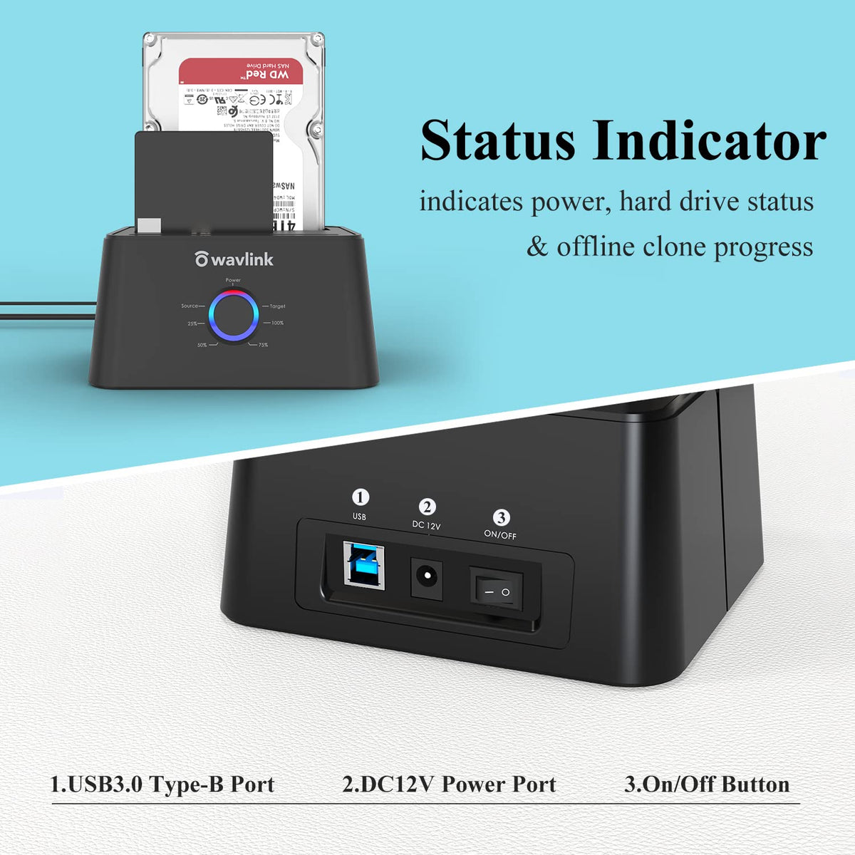 WAVLINK Dual Bay External Hard Drive Docking Station USB 3.0 Black NEW