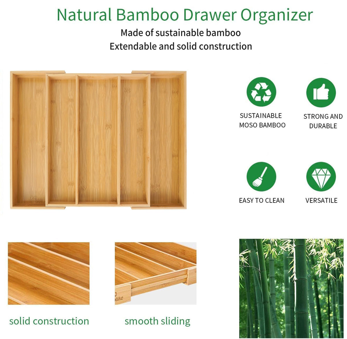 Utoplike Bamboo Kitchen Drawer Organizer Expandable Cutlery Tray NEW