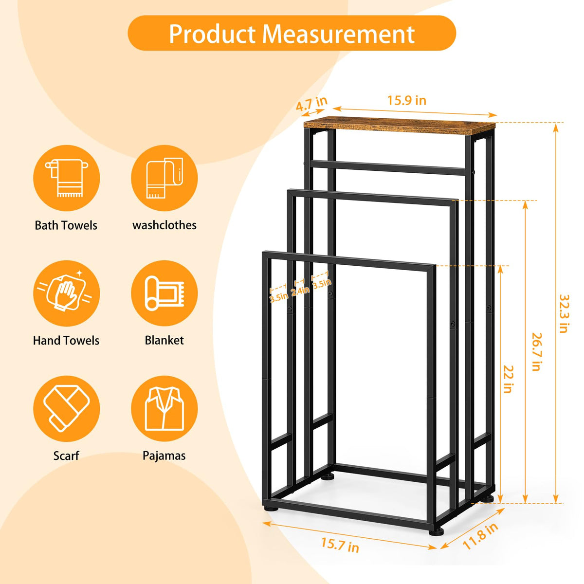 3 Tier Freestanding Towel Rack Brown Black Metal Bathroom Storage DEMO
