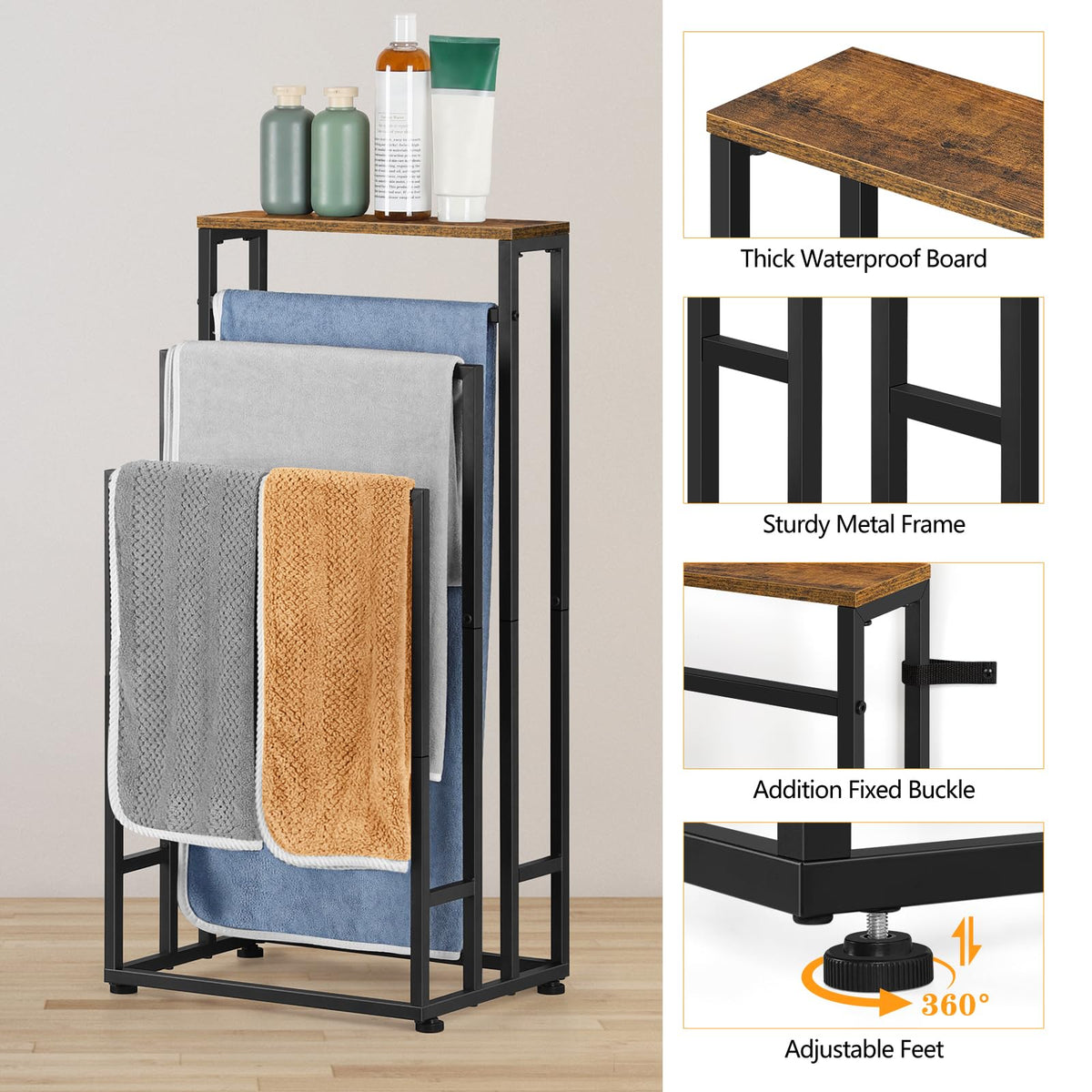 3 Tier Freestanding Towel Rack Brown Black Metal Bathroom Storage DEMO