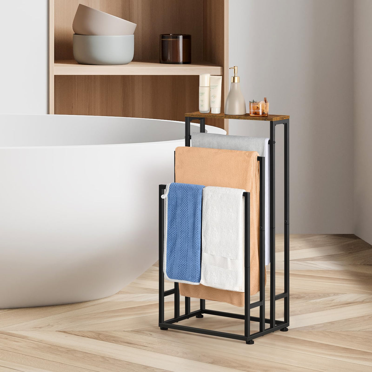 3 Tier Freestanding Towel Rack Brown Black Metal Bathroom Storage DEMO
