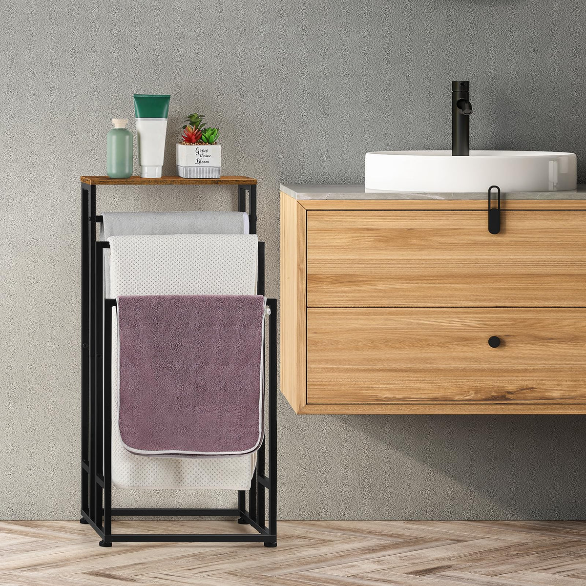 3 Tier Freestanding Towel Rack Brown Black Metal Bathroom Storage DEMO
