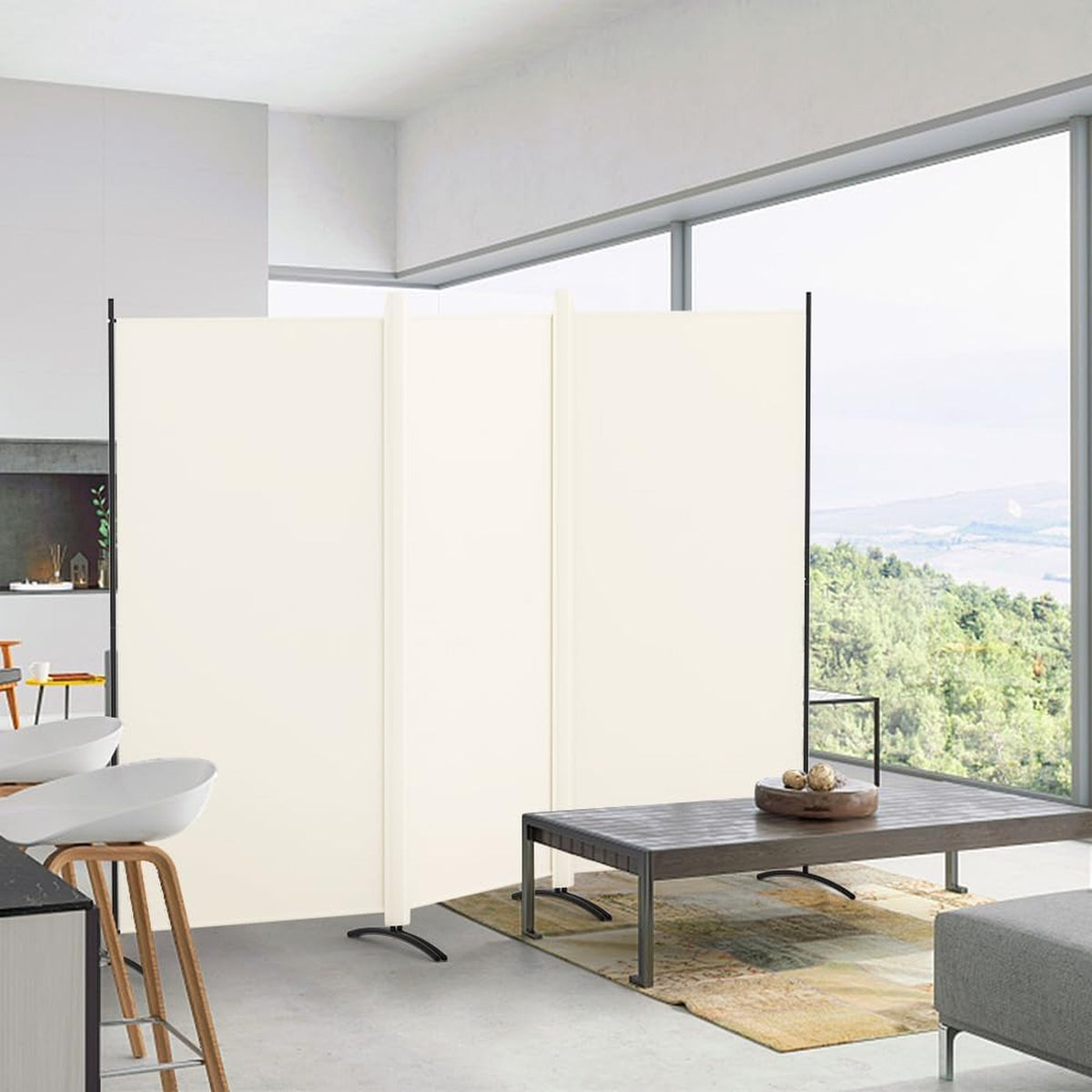 3 Panel Room Divider 102"W Folding Privacy Screen Cream & Black Size 102"W NEW