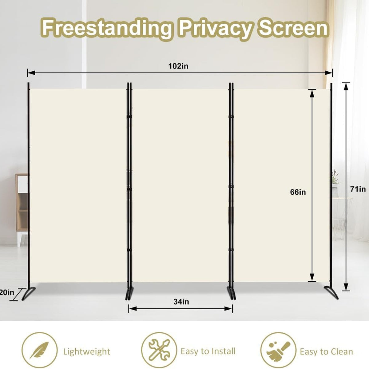 3 Panel Room Divider 102"W Folding Privacy Screen Cream & Black Size 102"W NEW