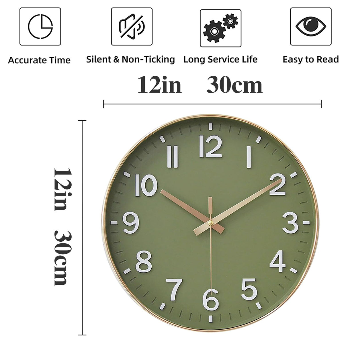 Silent Wall Clock 12 Inch Green & Gold Modern Battery Powered Size 12" DEMO