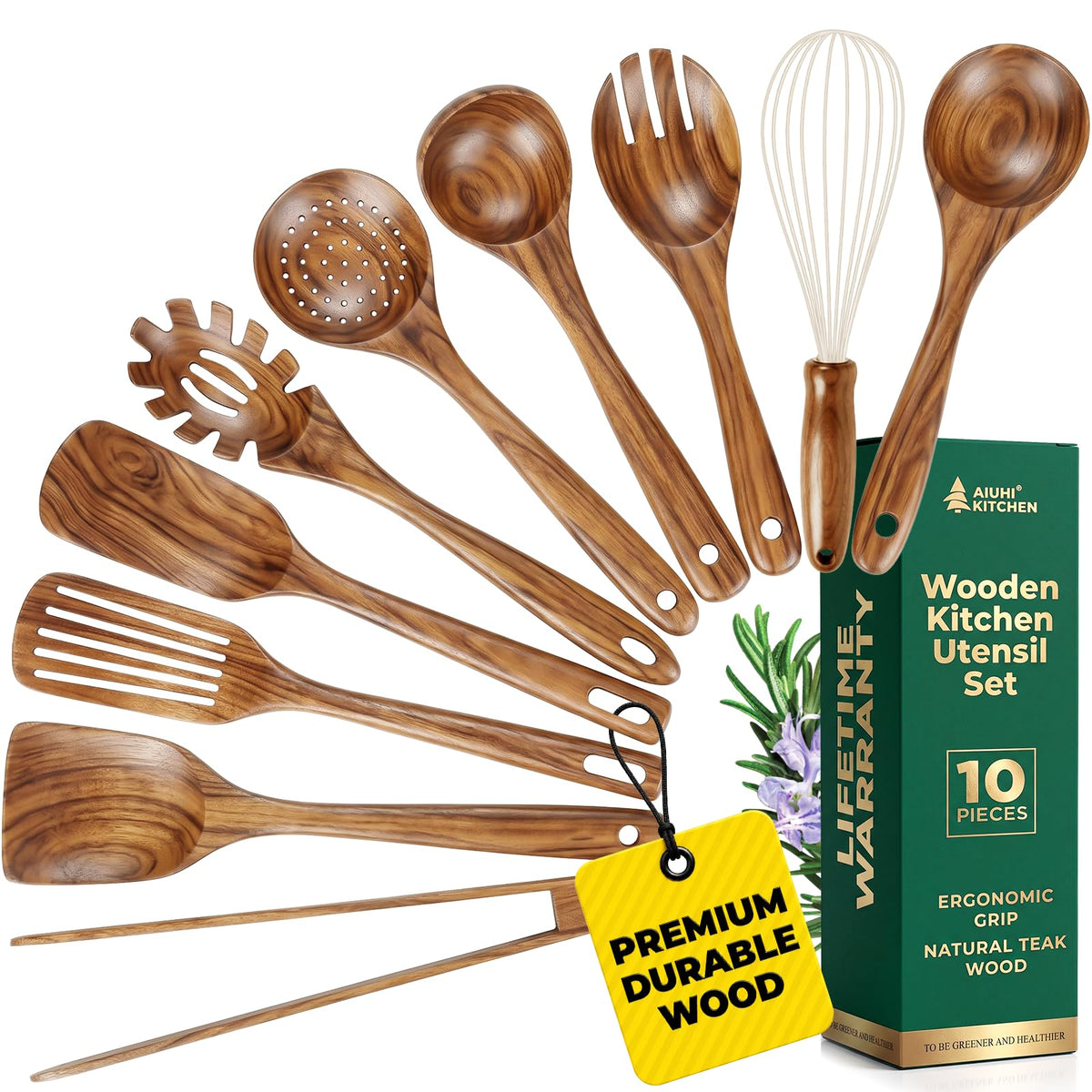 AIUHI Brown Wooden Cooking Utensils Set - Teak Spoon Spatula NEW