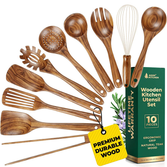 AIUHI Brown Wooden Cooking Utensils Set - Teak Spoon Spatula NEW