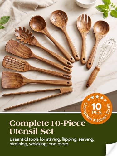 AIUHI Brown Wooden Cooking Utensils Set - Teak Spoon Spatula NEW