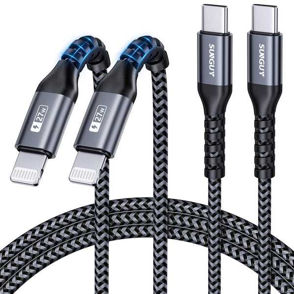 SUNGUY USB-C Lightning Cable 1.5M Fast Charging Grey 2-Pack Set DEMO