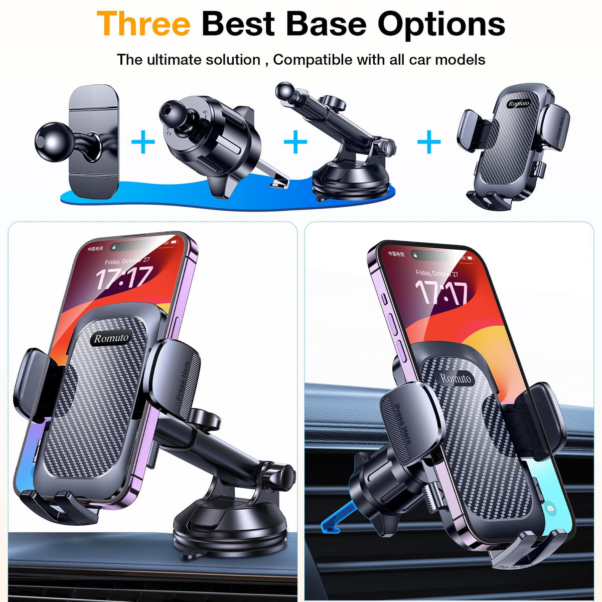 Romuto Carbon Dash-Mounted Holders Fiber Car Phone Holder Dash Mount - Black NEW