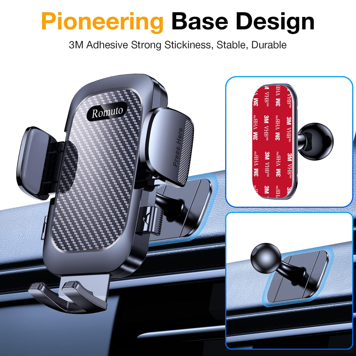 Romuto Carbon Dash-Mounted Holders Fiber Car Phone Holder Dash Mount - Black NEW
