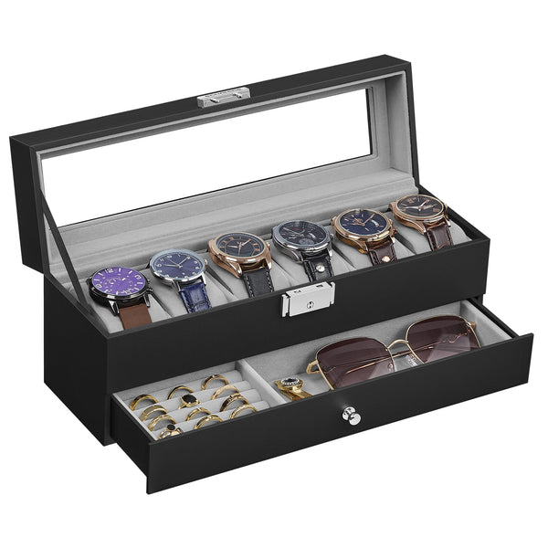 SONGMICS 6-Slot Watch Box Two Layer Lockable Glass Lid Black Gray NEW