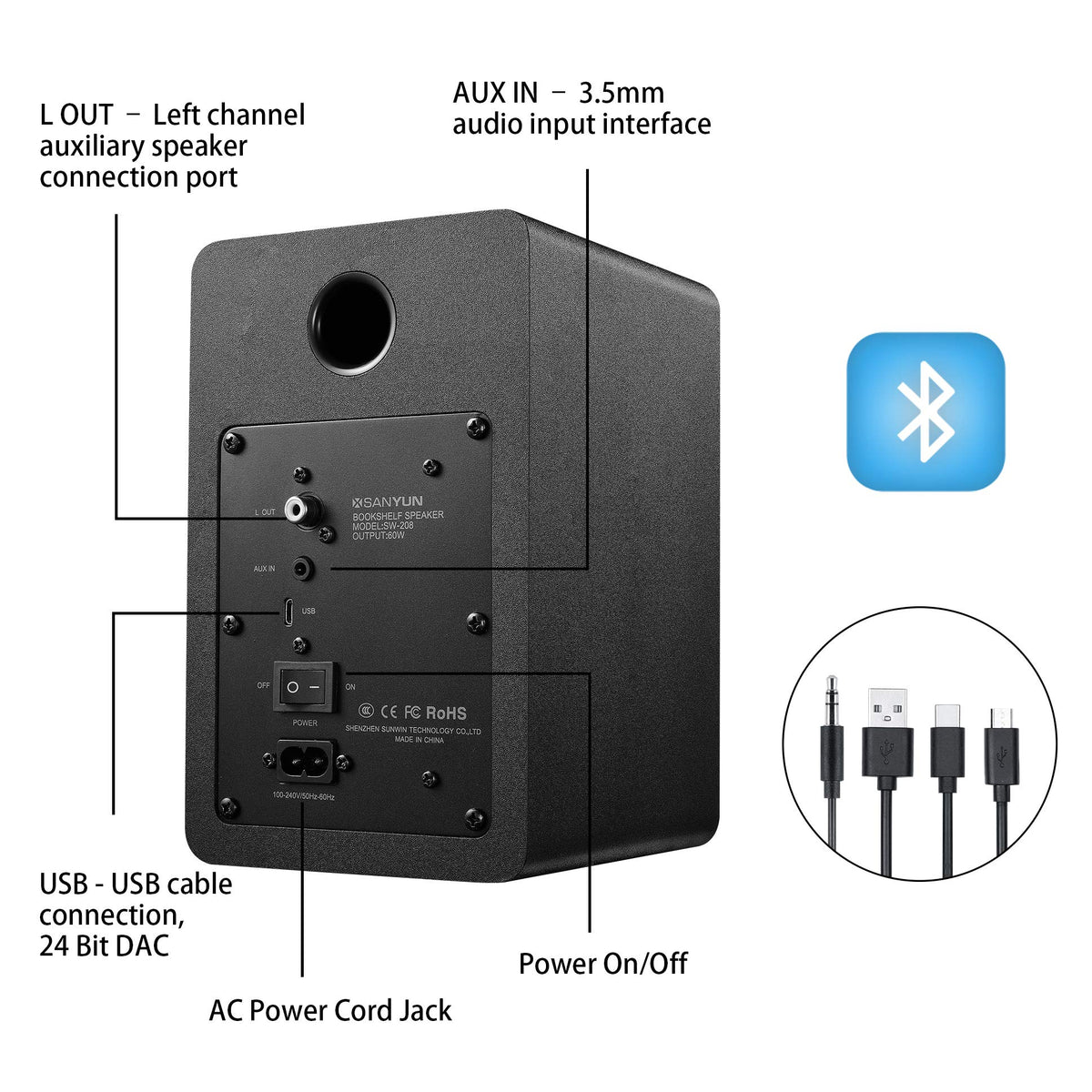 Sanyun SW208 Active Bluetooth Bookshelf Speakers for PC - Black NEW