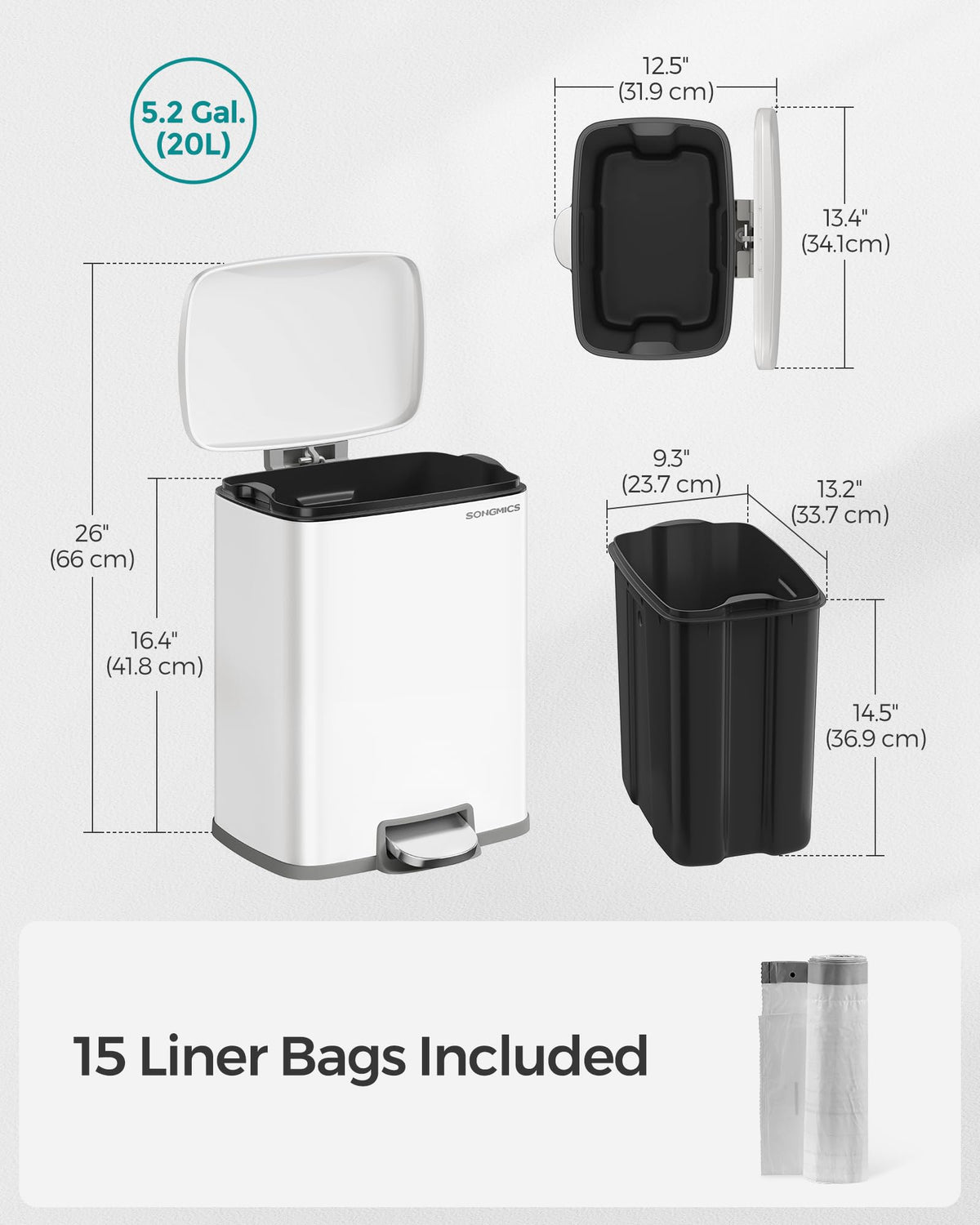 SONGMICS Kitchen Trash Can with Lid Cloud White 5.2 Gallon NEW