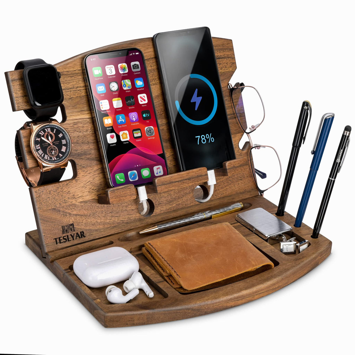 Teslyar Walnut Stands Wood Phone Docking Station & Key Holder Brown NEW