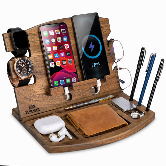 Teslyar Walnut Stands Wood Phone Docking Station & Key Holder Brown NEW