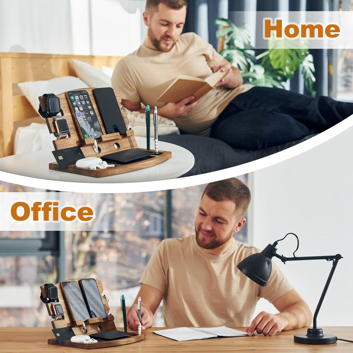 Teslyar Walnut Stands Wood Phone Docking Station & Key Holder Brown NEW