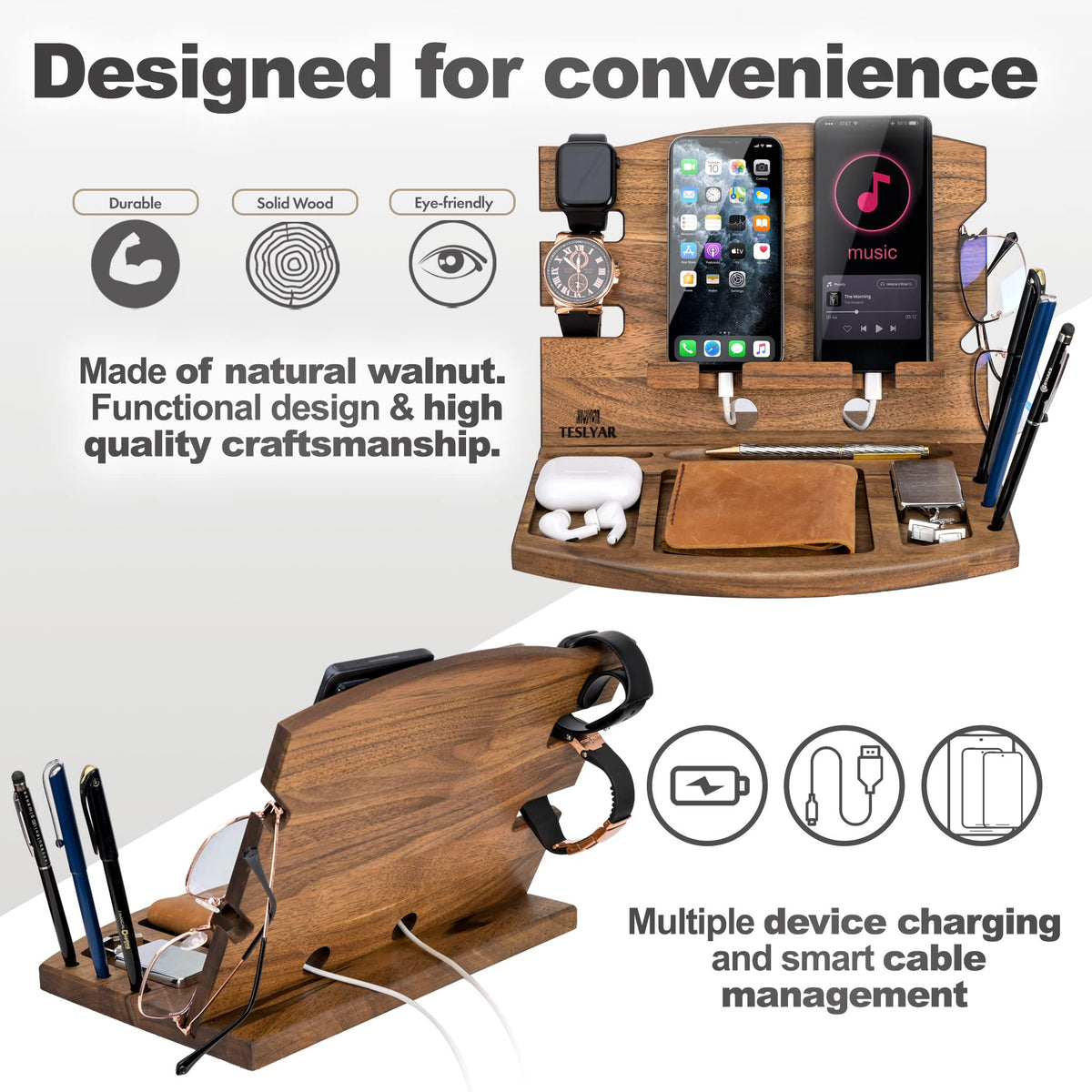 Teslyar Walnut Stands Wood Phone Docking Station & Key Holder Brown NEW