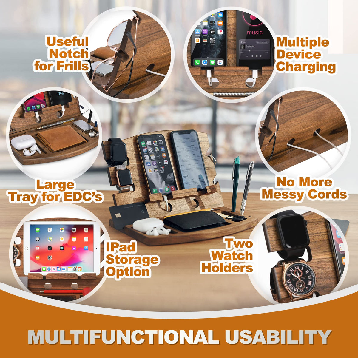 Teslyar Walnut Stands Wood Phone Docking Station & Key Holder Brown NEW