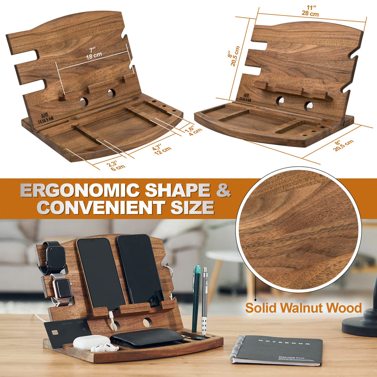 Teslyar Walnut Stands Wood Phone Docking Station & Key Holder Brown NEW