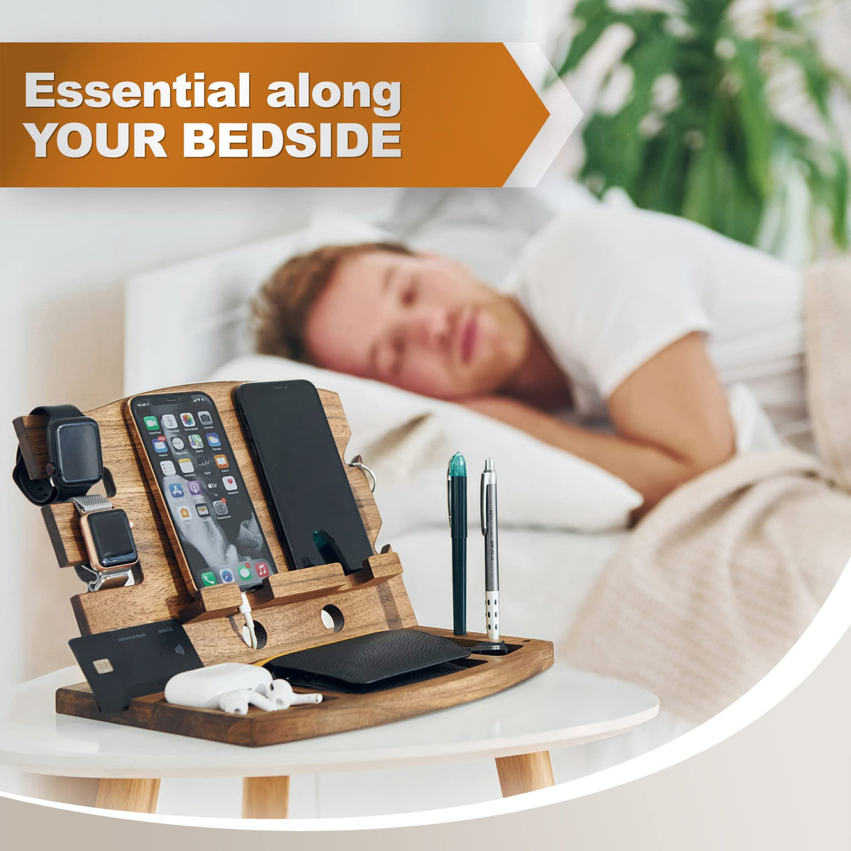 Teslyar Walnut Stands Wood Phone Docking Station & Key Holder Brown NEW