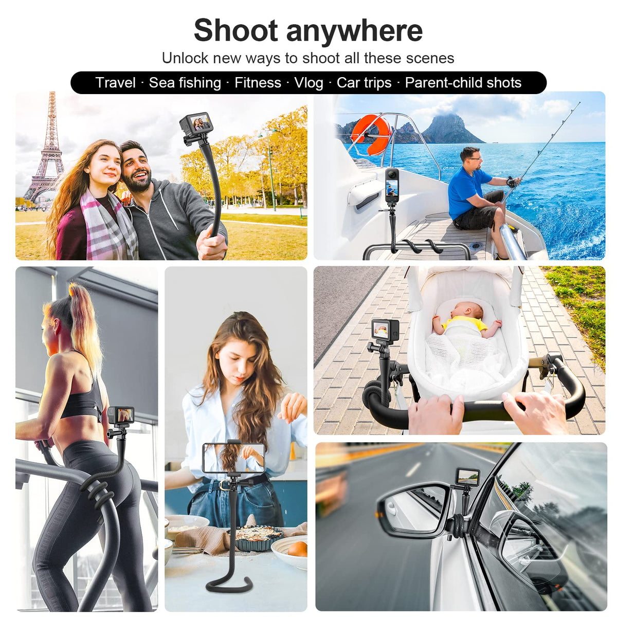 TELESIN Black Flexible Mount Clamp Selfie Stick Pole Extension Rod NEW