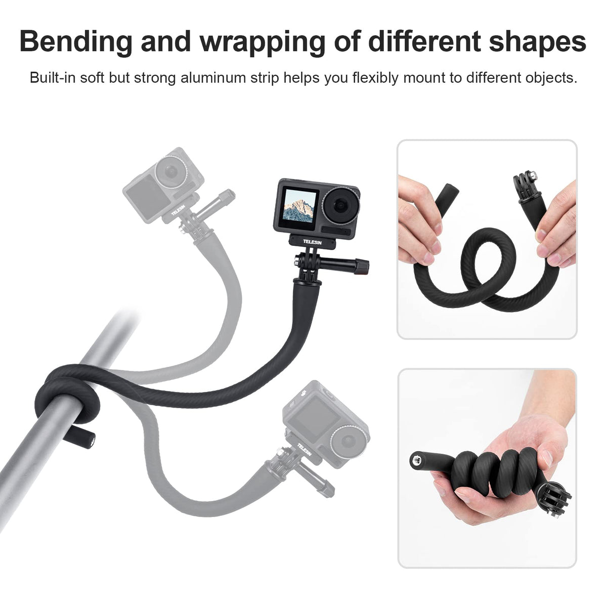 TELESIN Black Flexible Mount Clamp Selfie Stick Pole Extension Rod NEW