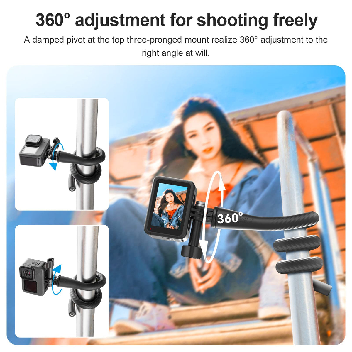 TELESIN Black Flexible Mount Clamp Selfie Stick Pole Extension Rod NEW