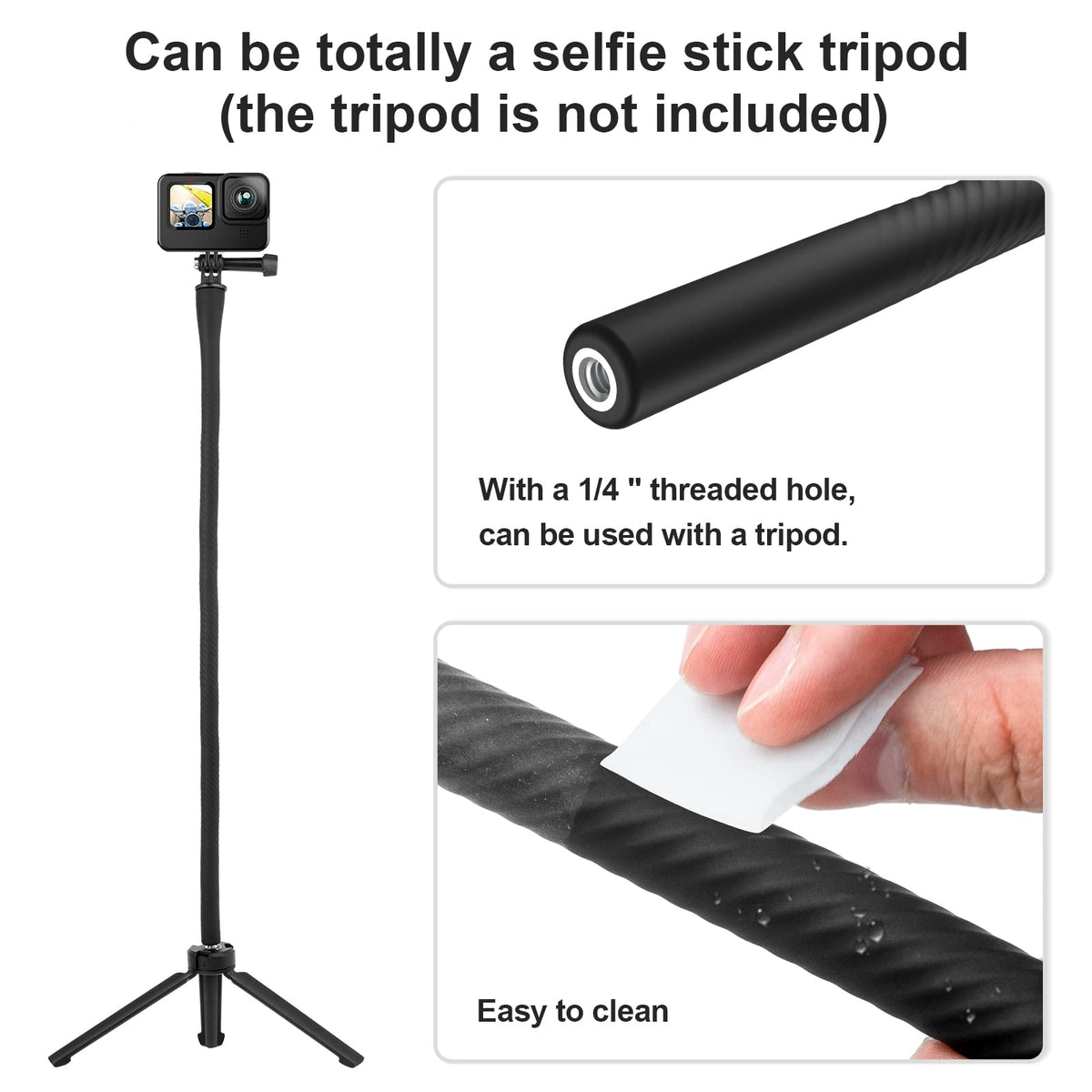 TELESIN Black Flexible Mount Clamp Selfie Stick Pole Extension Rod NEW