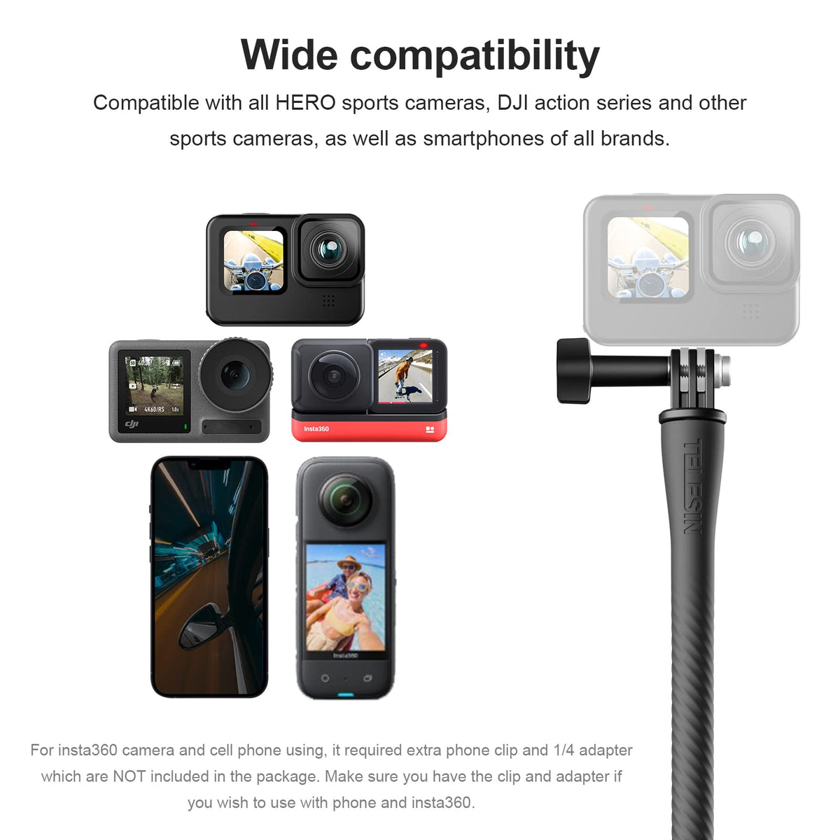 TELESIN Black Flexible Mount Clamp Selfie Stick Pole Extension Rod NEW
