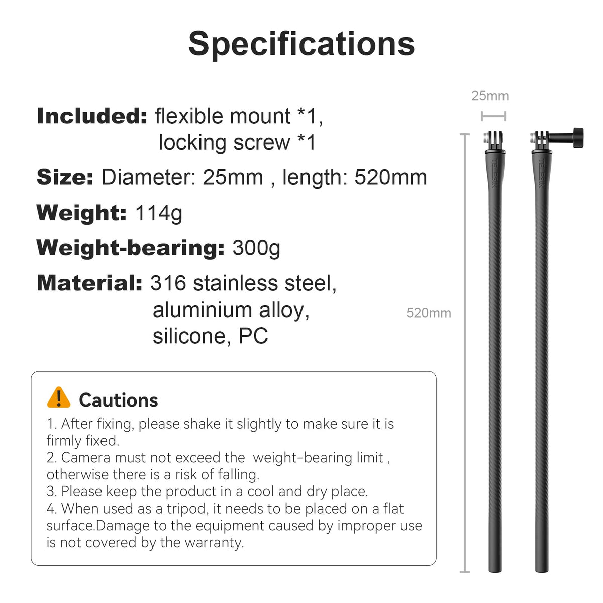 TELESIN Black Flexible Mount Clamp Selfie Stick Pole Extension Rod NEW