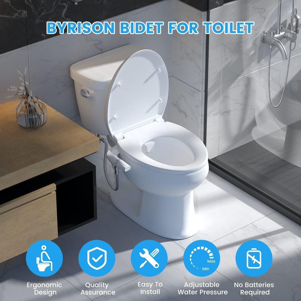 BYRISON Ultra-Slim Dual Nozzle Bidet Attachment Silver G1/2 NEW