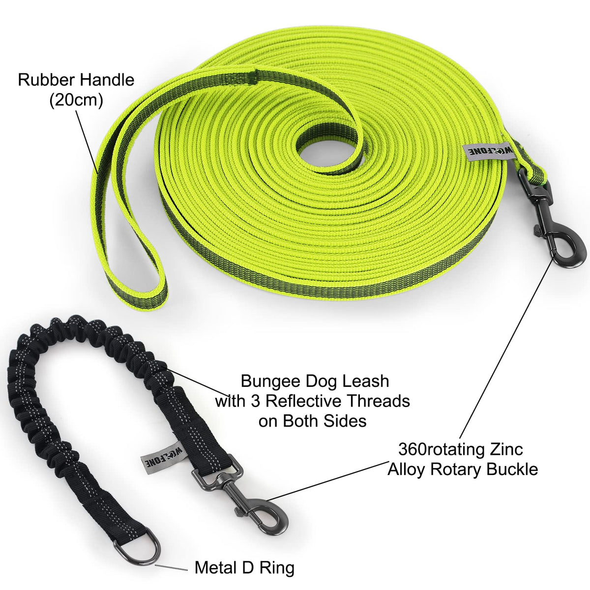 Wolfone Fluorescent Basic Leads Green 15m Dog Lead - Lightweight Training NEW