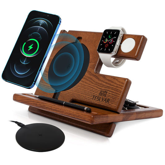 Teslyar Brown Wood Phone Docking Station Organizer Charger Holder NEW