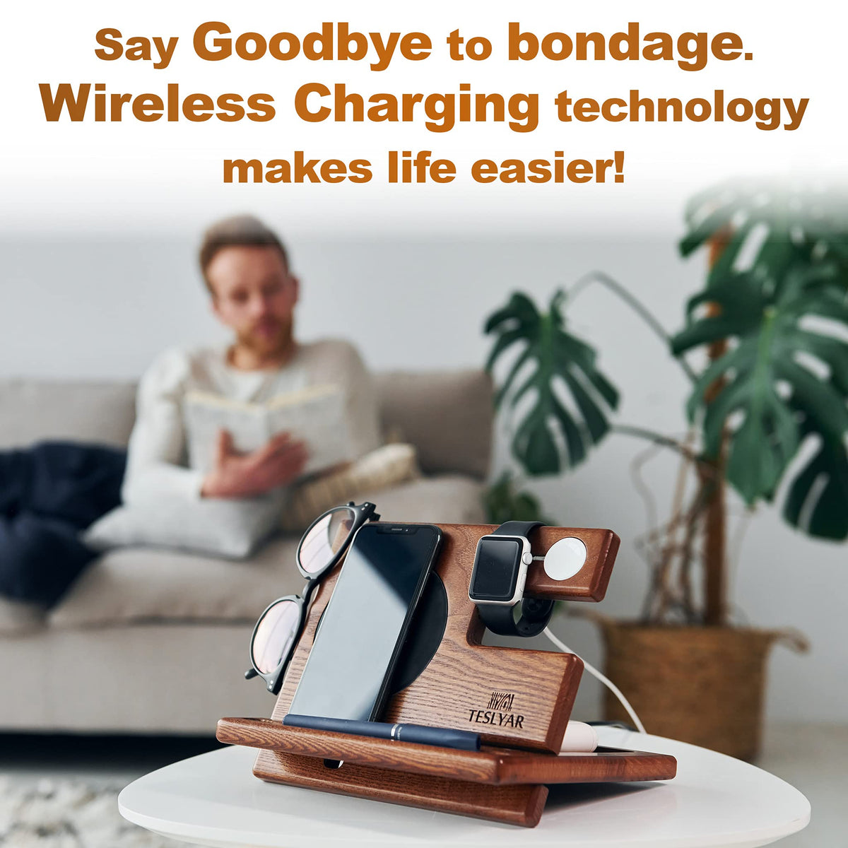 Teslyar Brown Wood Phone Docking Station Organizer Charger Holder NEW