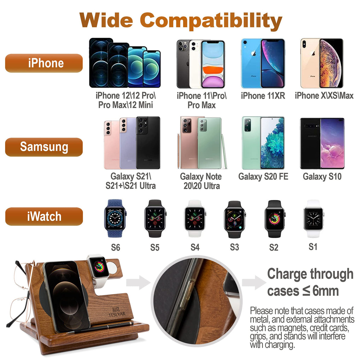 Teslyar Brown Wood Phone Docking Station Organizer Charger Holder NEW