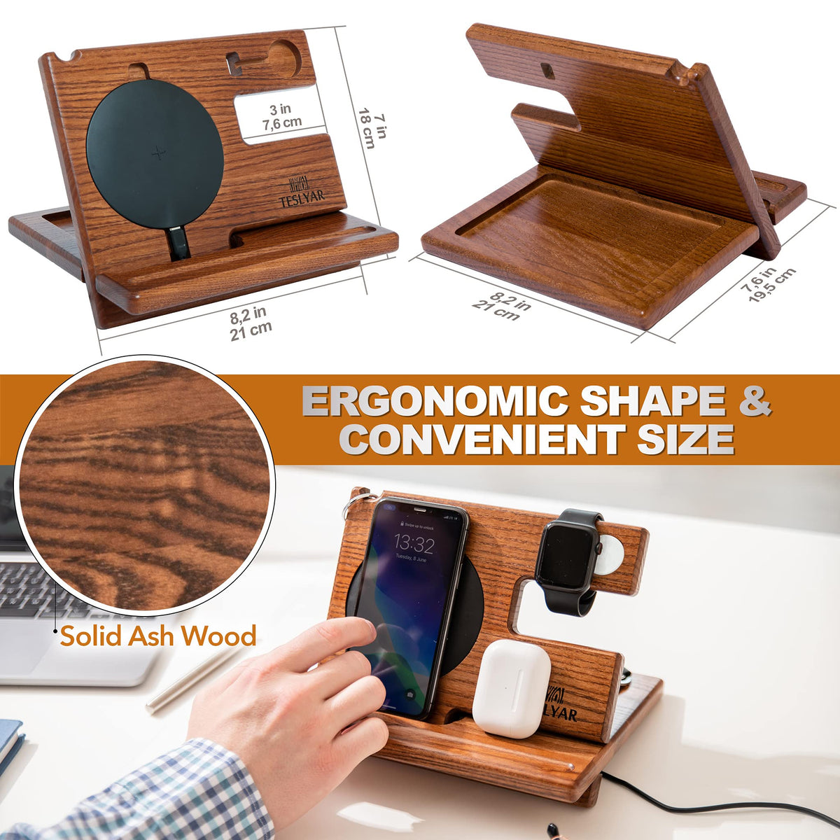 Teslyar Brown Wood Phone Docking Station Organizer Charger Holder NEW