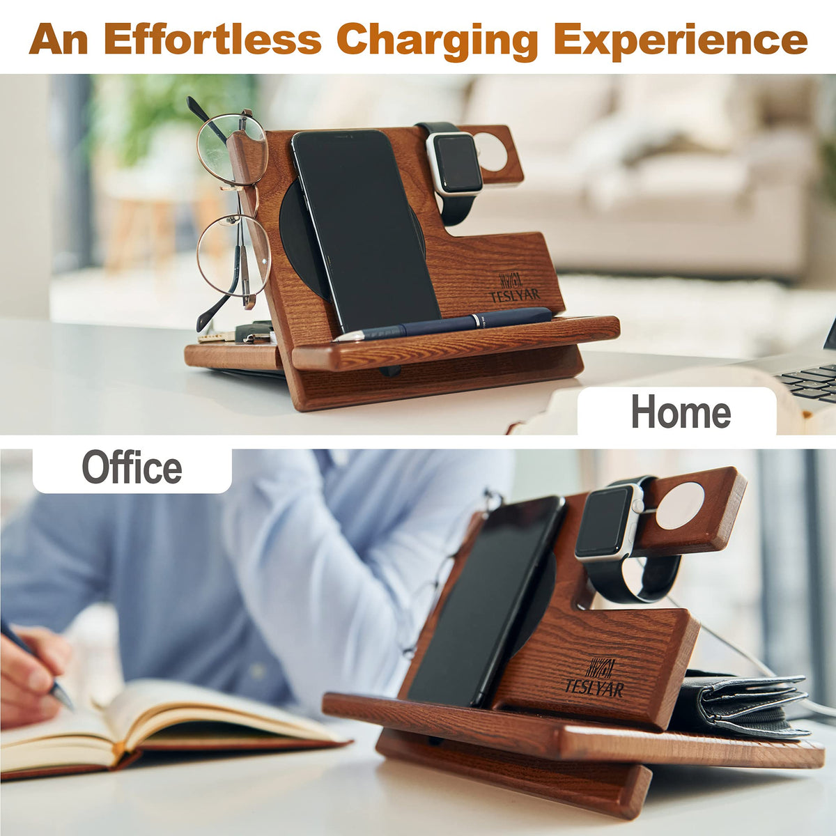 Teslyar Brown Wood Phone Docking Station Organizer Charger Holder NEW