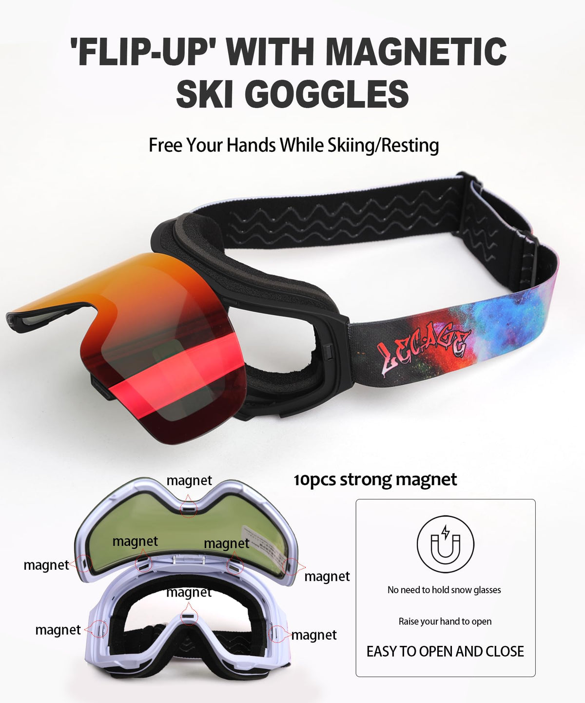 Frameless Skiing Unisex Flip-Up Ski Goggles Mirrored UV400 Grey One Size NEW