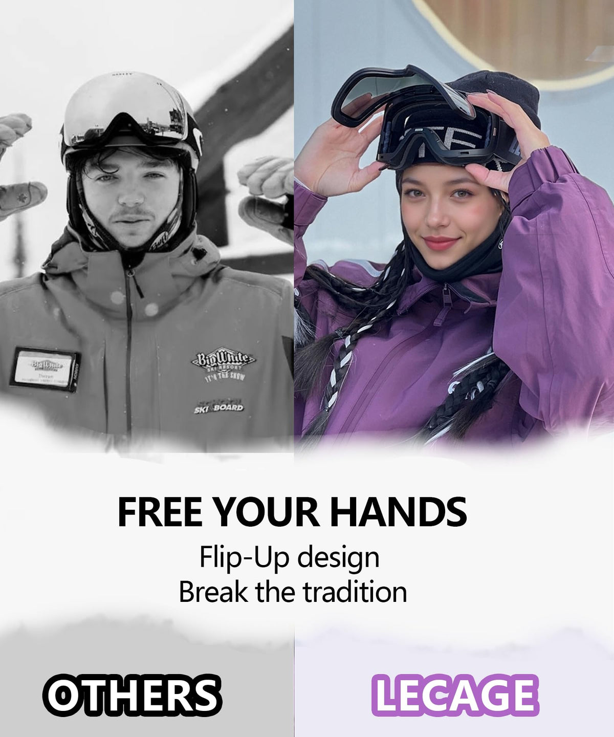 Frameless Skiing Unisex Flip-Up Ski Goggles Mirrored UV400 Grey One Size NEW