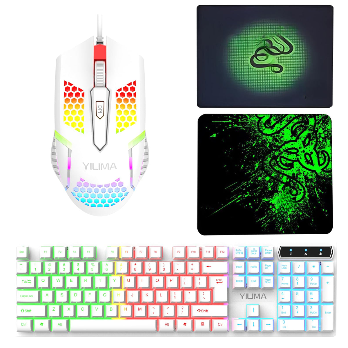 YILIMA White Full Sized RGB Gaming Keyboard Mouse Combo Wired Set Size DEMO