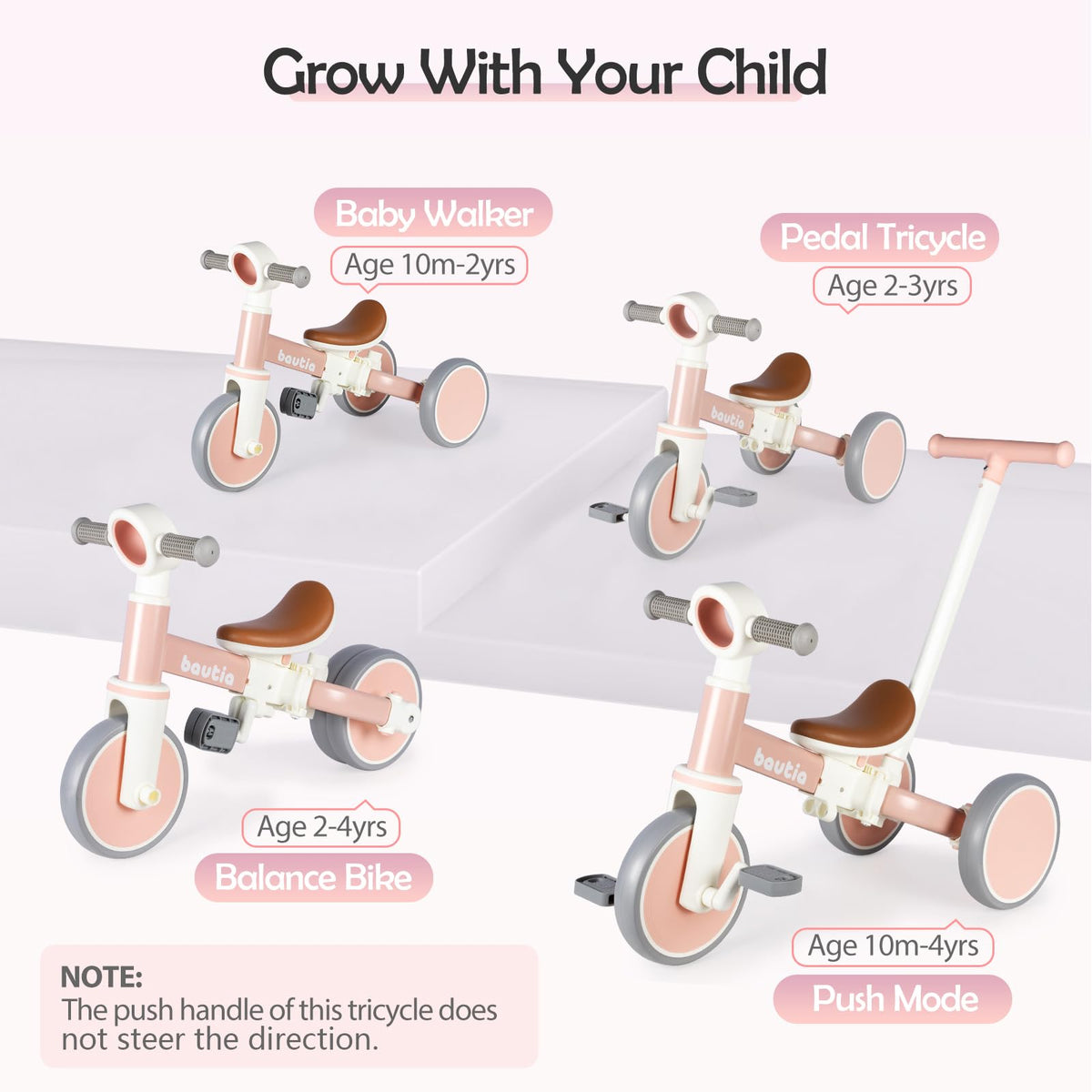 Bautia Trikes 5 in 1 Kids Tricycle Push Handle Balance Bike 27" Pink White NEW