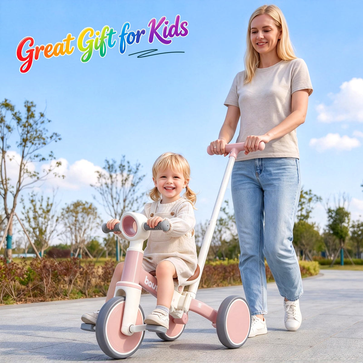 Bautia Trikes 5 in 1 Kids Tricycle Push Handle Balance Bike 27" Pink White NEW