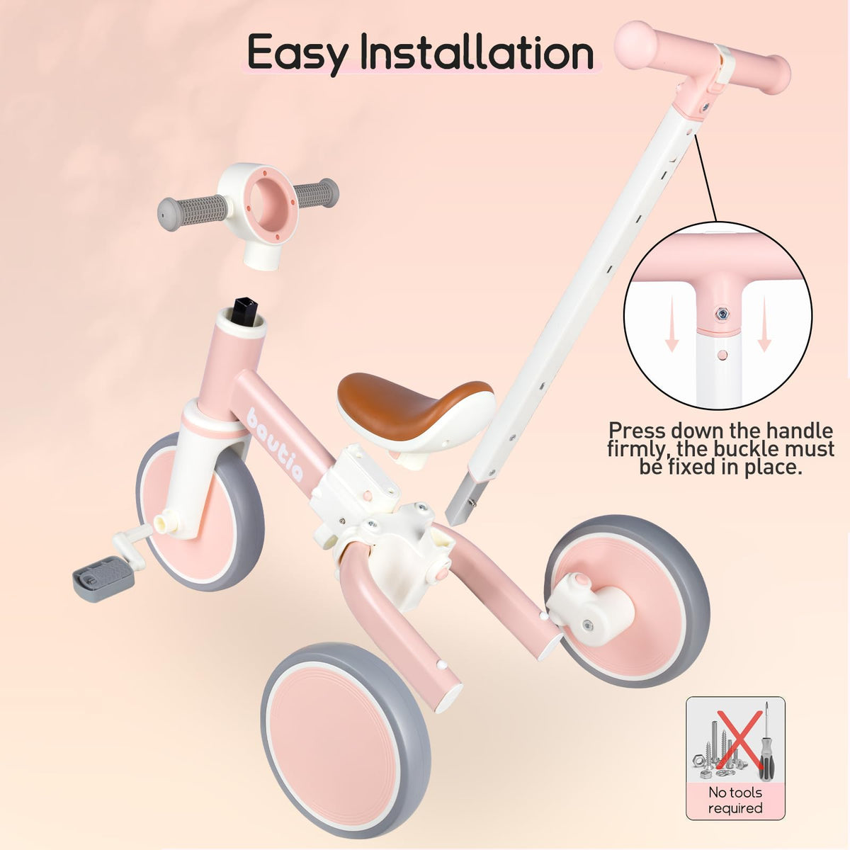 Bautia Trikes 5 in 1 Kids Tricycle Push Handle Balance Bike 27" Pink White NEW