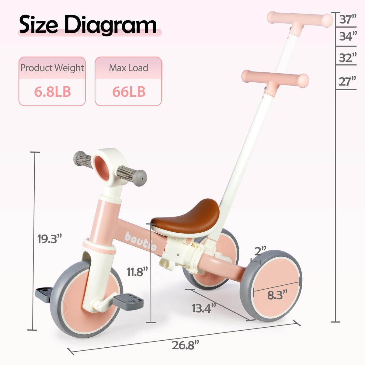 Bautia Trikes 5 in 1 Kids Tricycle Push Handle Balance Bike 27" Pink White NEW